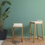 Solid Teak Bar Stool With Leather Upholstered Seat