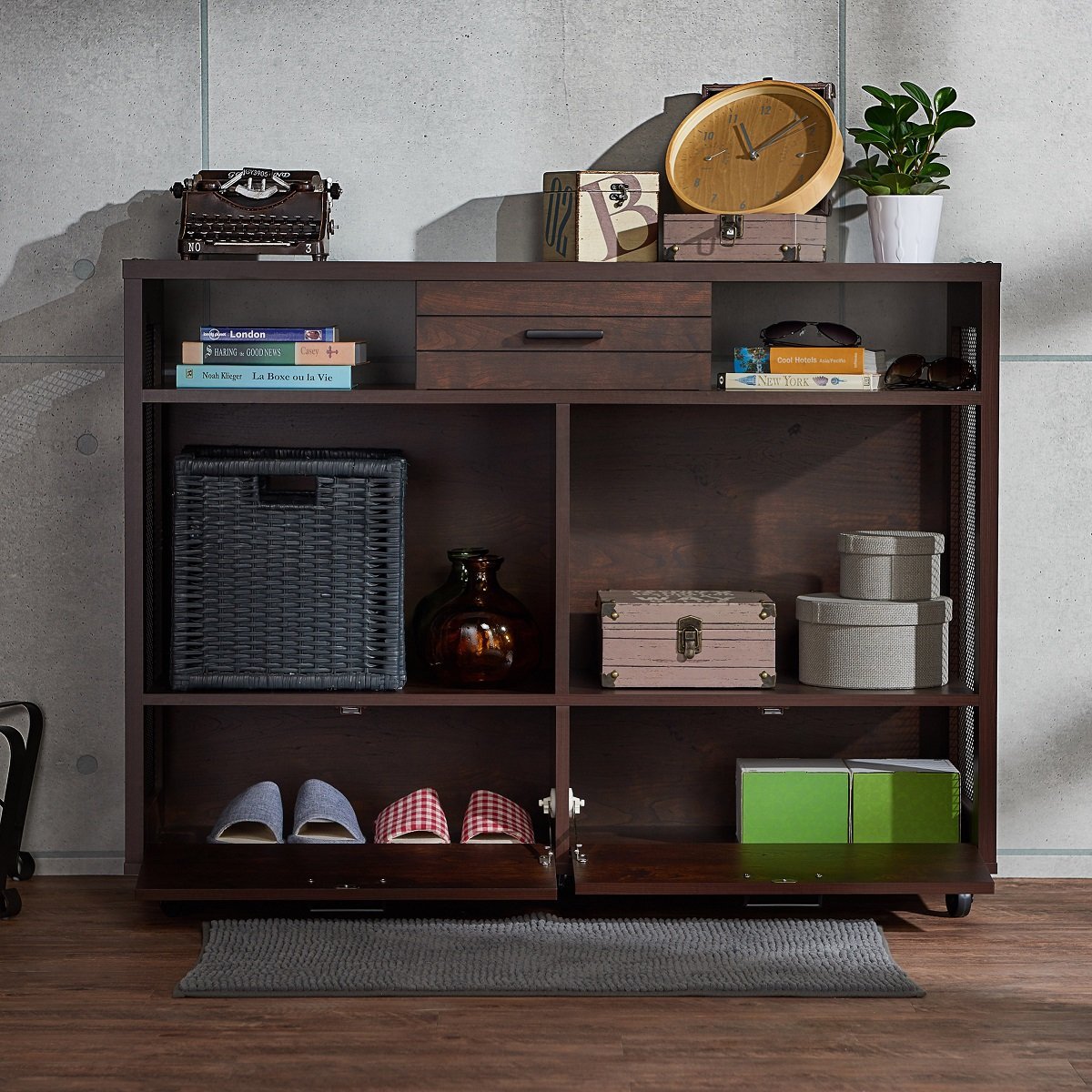 Furniture-of-America-Misenia-Industrial-Style-Vintage-Walnut-Mobile-Storage-Sofa-Table-4ed7cc45-557f-49b6-8117-5889ad7e4fd4 Mobile Storage Sofa Table - Image 1