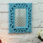 Teaklab Rectangle Blue Teakwood Antique Carving Decorative Mirror