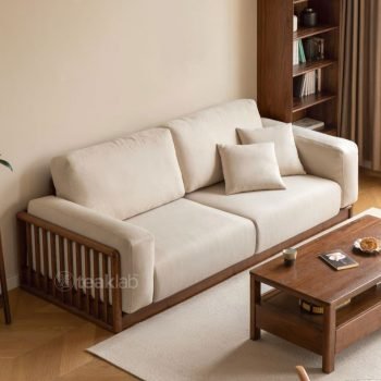 Modern Teak Wood Slatted Sofa with Plush Upholstery