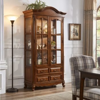 Classic Teak Wood Glass Door Display Cabinet with Drawers