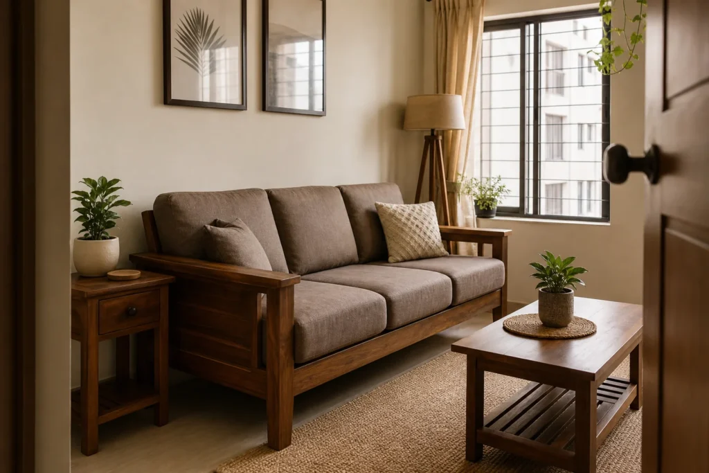 A compact, well-designed living room featuring a solid teak wood sofa with warm upholstery, showing smart small-space furniture arrangement. photorealistic: A cozy compact living room in an Indian apartment, roughly 10x12 feet, featuring a