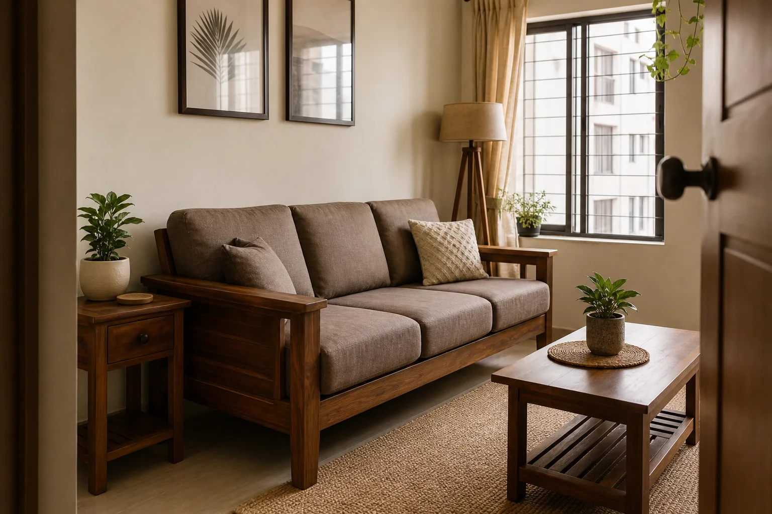How to Choose a Wooden Sofa for Small Living Rooms 1 A compact, well-designed living room featuring a solid teak wood sofa with warm upholstery, showing smart small-space furniture arrangement. photorealistic: A cozy compact living room in an Indian apartment, roughly 10x12 feet, featuring a
