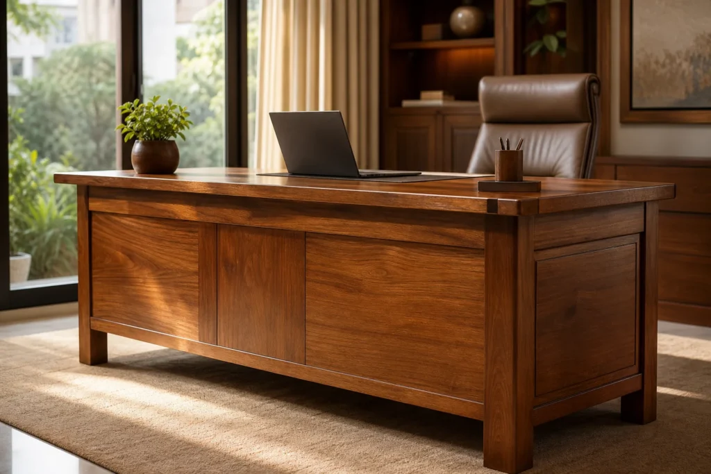 A finished solid teak executive desk in a bright modern Noida home office setting. photorealistic, a handsome solid teak executive office desk with a rich honey-brown wood grain finish, positioned in front of a large window in a modern