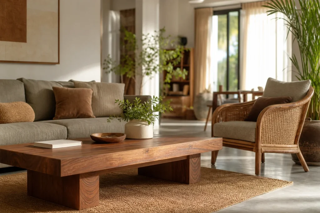 A warm, sunlit Chennai living room featuring solid teak wood furniture alongside a rattan accent chair, showing craftsmanship and coastal home style. photorealistic: a sunlit contemporary Chennai living room interior with a solid teak wood