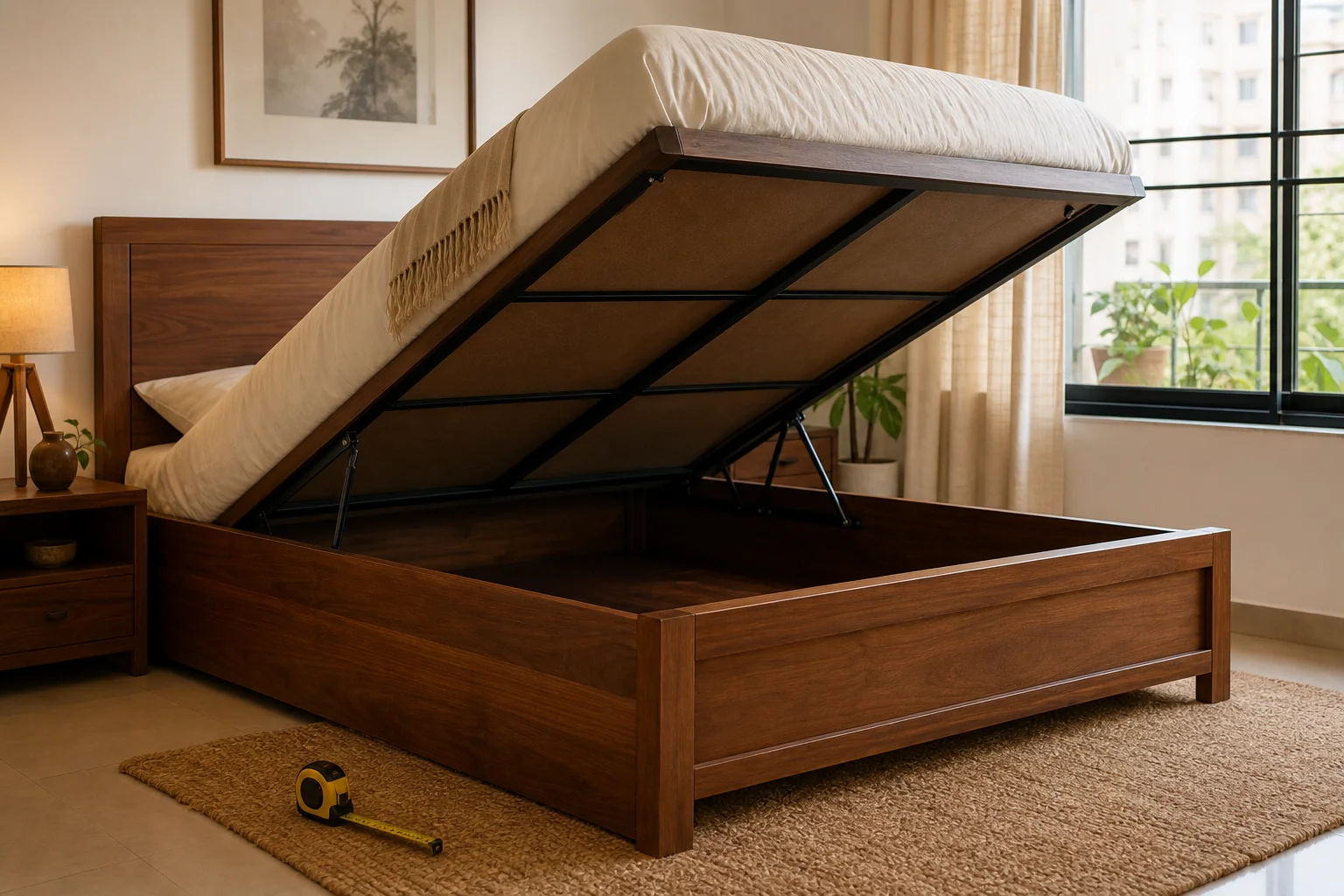 A neatly arranged bedroom with a solid teak storage bed, showing room proportions and space-saving design. photorealistic. A warm, well-lit bedroom interior in an Indian apartment featuring a solid teak wood storage bed with a lifted