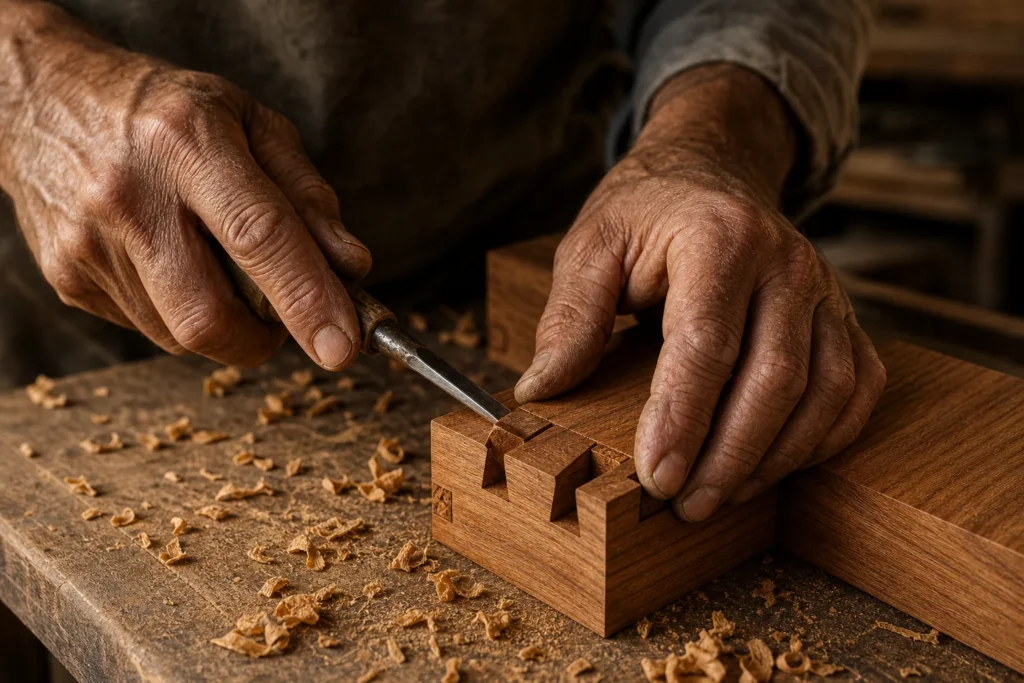 Close-up of raw teak wood grain and craftsman hands working on furniture joint. photorealistic close-up photograph of a craftsman's weathered hands carving a dovetail joint into a rich golden-brown teak wood plank, wood shavings scattered