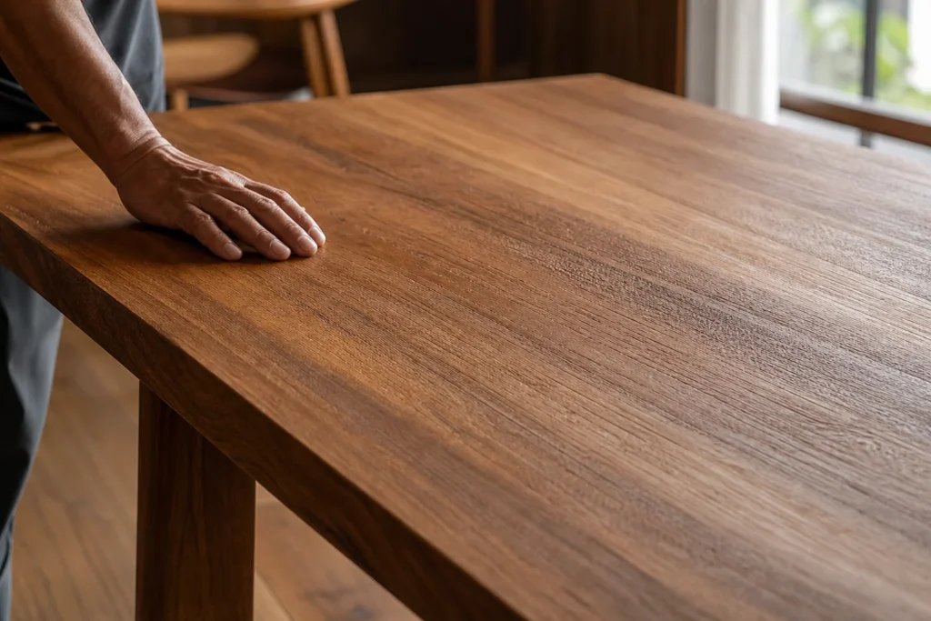 Close-up hero image of solid teak wood furniture surface showing natural grain, warm tones. Photorealistic close-up photograph of a solid teak wood dining table surface, showing natural straight grain with subtle wave patterns and visible