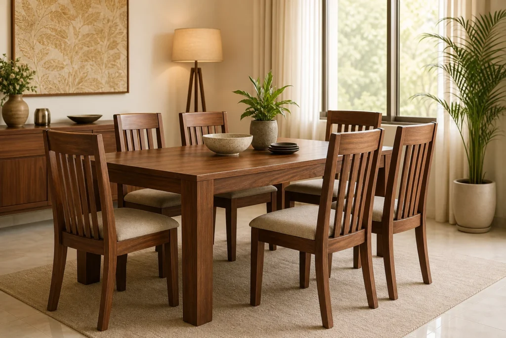 A finished solid teak dining set styled in a modern Pune apartment dining room. Photorealistic hero photograph of an elegant solid teak wood 6-seater dining table set styled in a sunlit modern Indian apartment dining room, warm brown wood