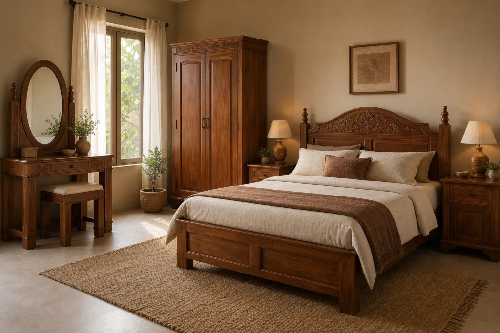 A warm, styled Bhopal bedroom featuring a complete solid teak wood bedroom furniture set: bed, wardrobe, dressing table, and side tables. Photorealistic interior photograph of a warm, sunlit Indian bedroom furnished with a complete solid