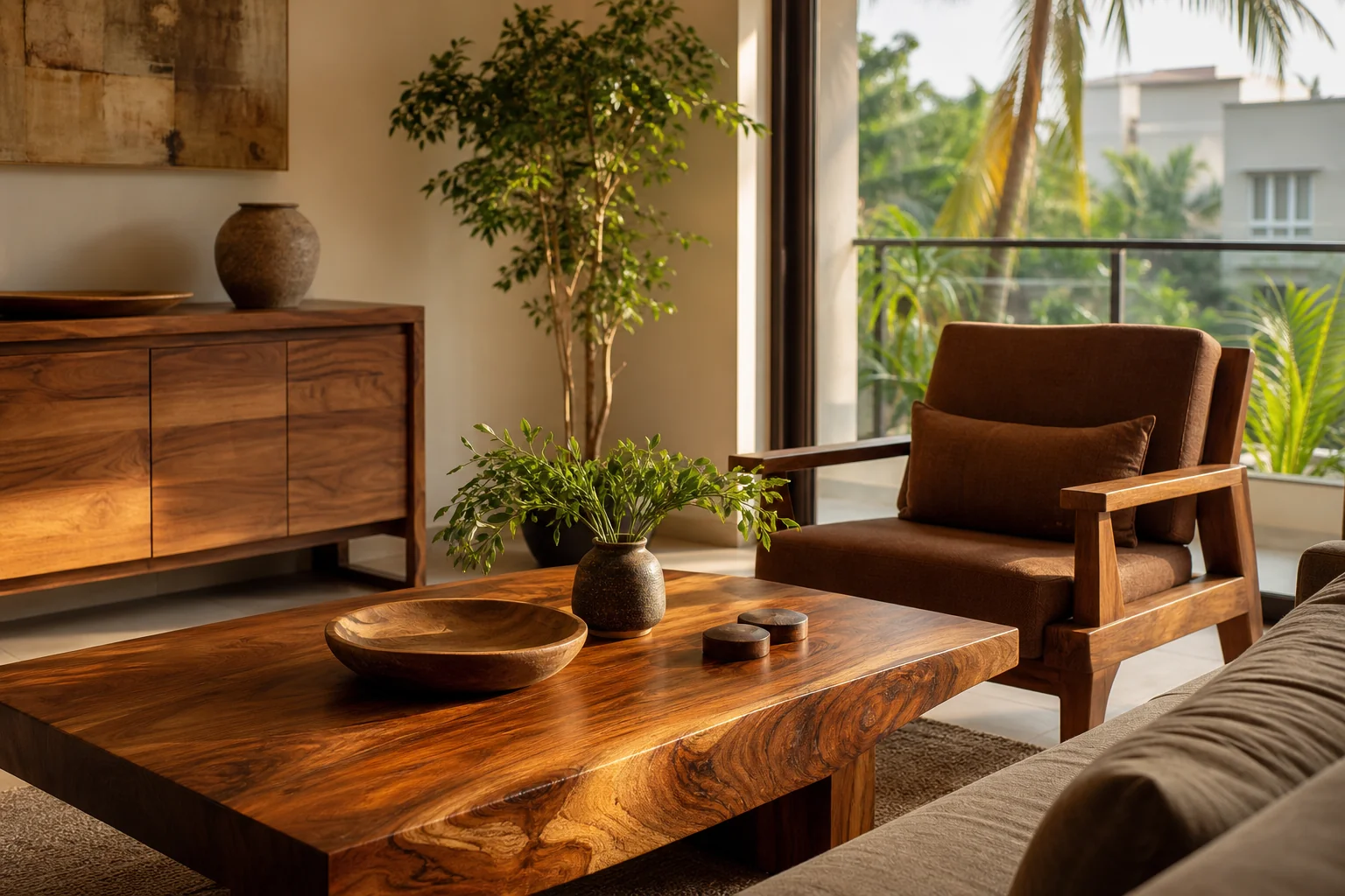 Solid Teak Wood Furniture in Bengaluru: Buyer's Guide 2026 1 A warm, sunlit Bengaluru living room featuring solid teak wood furniture, showcasing craftsmanship and natural tones