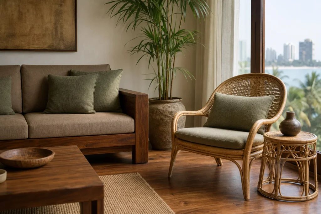 Split-composition hero image showing a solid teak wood sofa on one side and a rattan lounge chair on the other, in a Mumbai apartment living room setting. Photorealistic interior photograph, split composition within one bright living room
