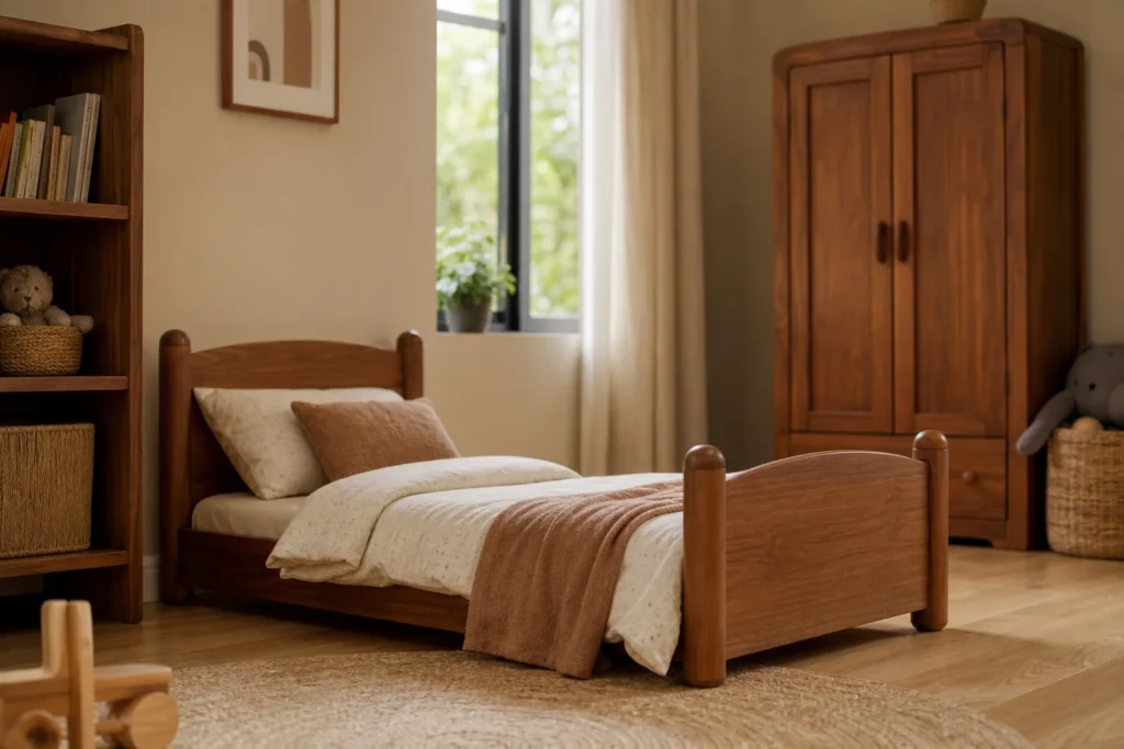 A warm, softly lit children's bedroom featuring solid wood furniture with rounded edges. Photorealistic photo of a cozy children's bedroom interior with solid teak wood furniture: a low toddler bed with rounded corner posts, a small wooden