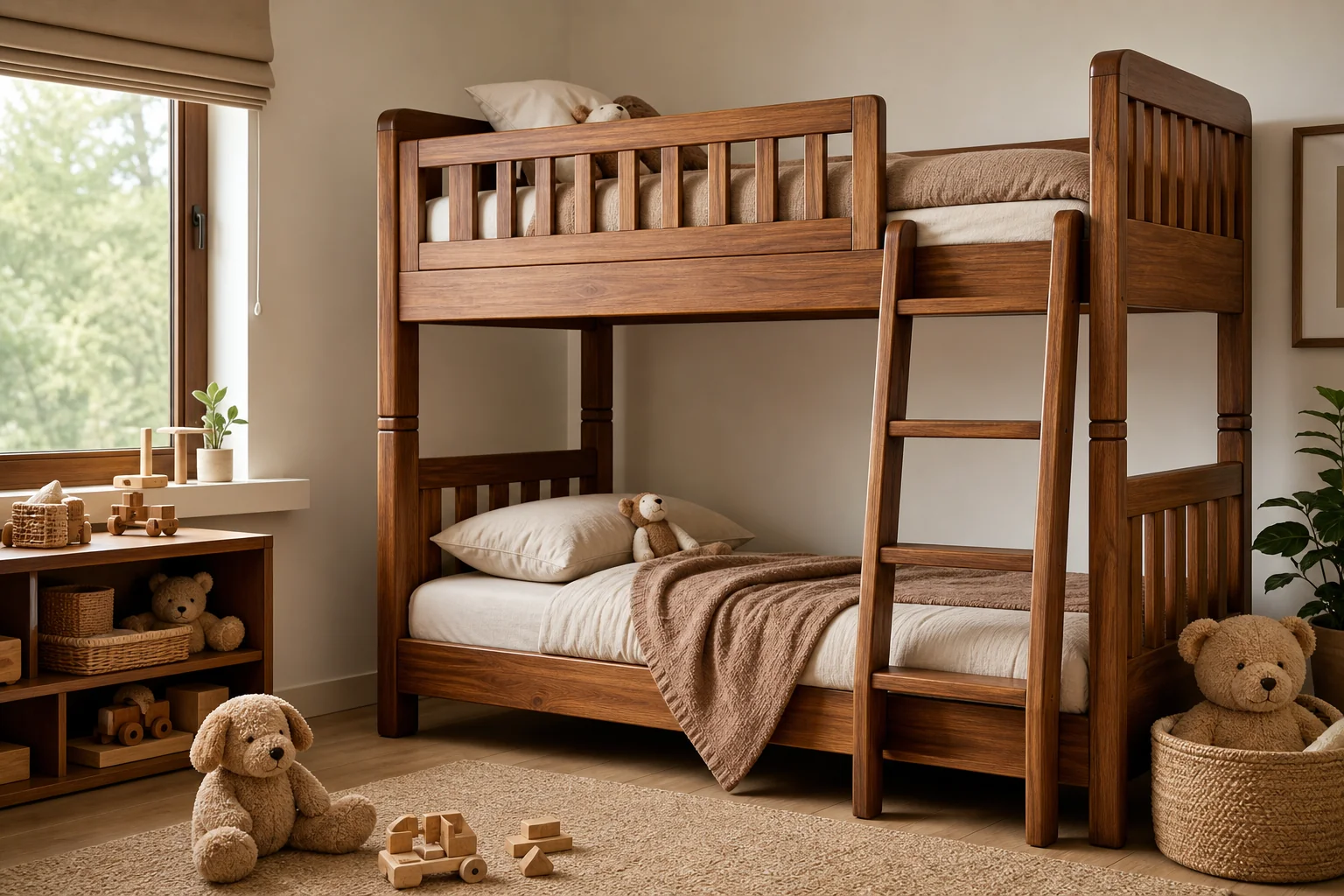 A warm, inviting children's bedroom featuring a solid teak wood bunk bed with rounded edges and guard rails. Photorealistic photo of a cozy children's bedroom with a solid teak wood bunk bed as the centerpiece, warm honey-brown wood tones