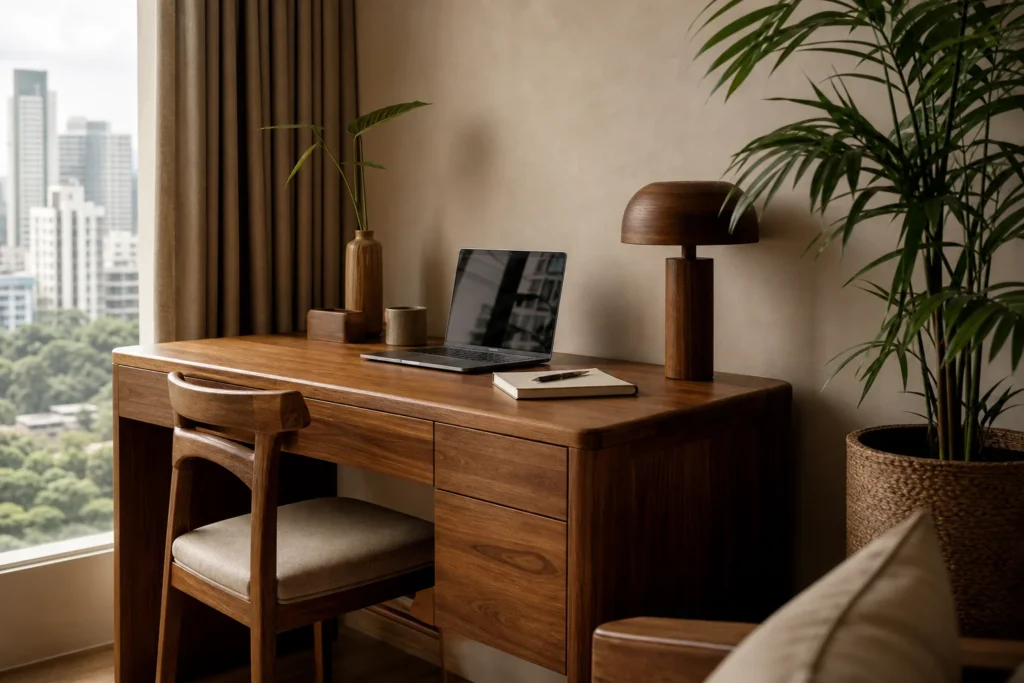 A solid teak study desk set up in a compact Kolkata apartment home office corner with natural light. Photorealistic photo of a warm-toned solid teak wood study desk positioned near a window in a compact urban apartment home office, soft
