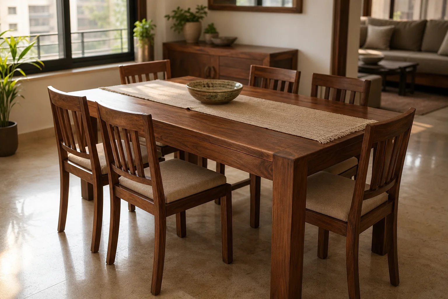 A warm, elegant solid teak dining table set in a well-lit Indian home dining space. Photorealistic photo of an elegant solid teak wood dining table with six matching chairs, set in a warm sunlit Indian home dining room, rich brown wood