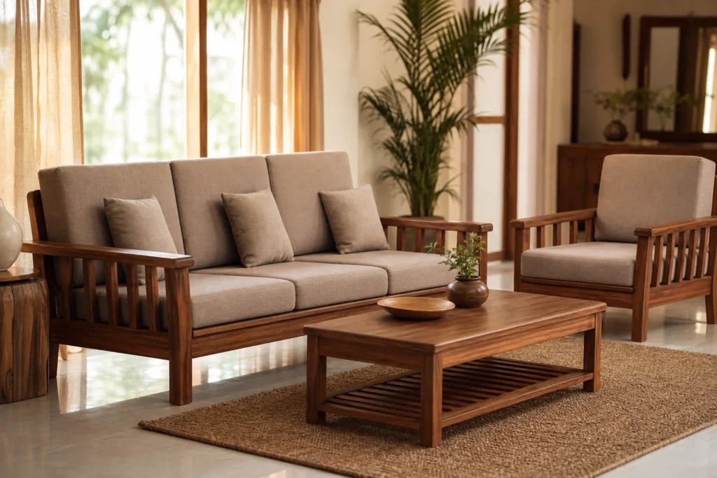 A elegant solid teak wood sofa set in a warm, well-lit living room setting. Photorealistic photo of an elegant solid teak wood sofa set with three-seater and armchair, warm honey-brown wood tones matching a palette of #765139 and #8b7050