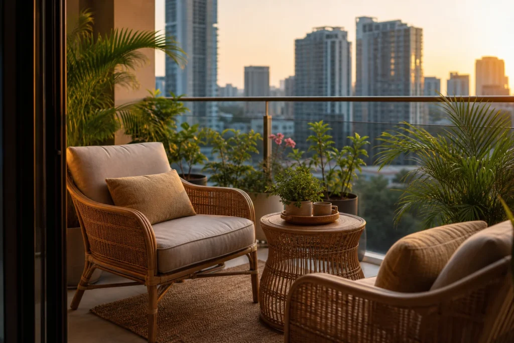 A styled Gurugram high-rise balcony with rattan furniture set against the skyline. Photorealistic photograph of a modern high-rise apartment balcony in Gurugram, India, furnished with a natural cane and rattan lounge chair set and a round