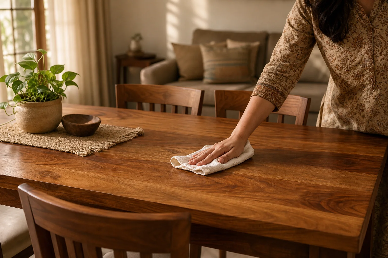 How to Maintain Teak Wood Furniture at Home? 1 A warm, sunlit living room featuring a solid teak dining table and chairs being gently wiped down with a soft cloth. photorealistic, warm sunlit Indian living room interior with a solid teak wood dining table and chairs, a woman's hand