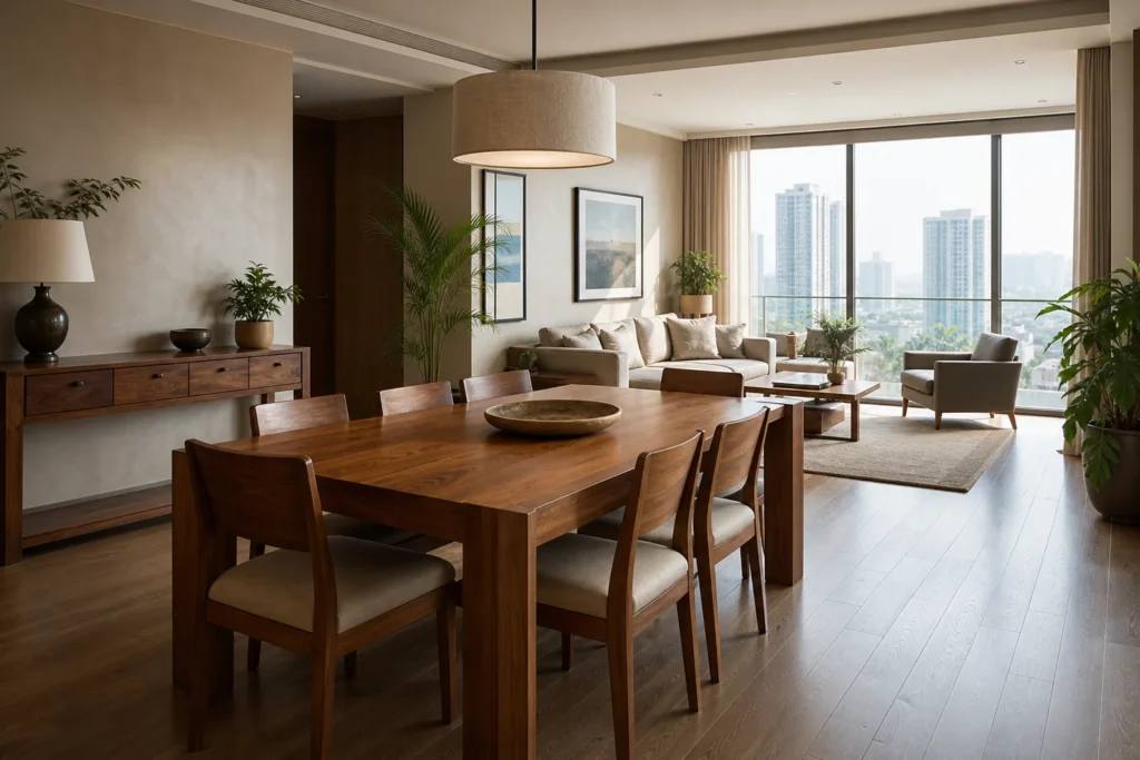 Solid teak dining set styled in a modern Gurugram apartment living space. photorealistic wide interior shot of a modern Gurugram high-rise apartment living and dining area, warm solid teak wood dining table with six chairs and a teak