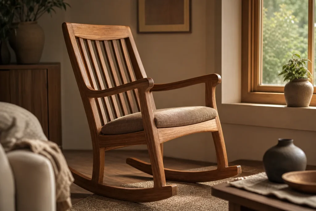 Close-up of a solid teak wood rocking chair in a warm living room setting. photorealistic, a handcrafted solid teak wood rocking chair with curved spindles and a warm honey-brown natural oil finish, positioned near a sunlit living room