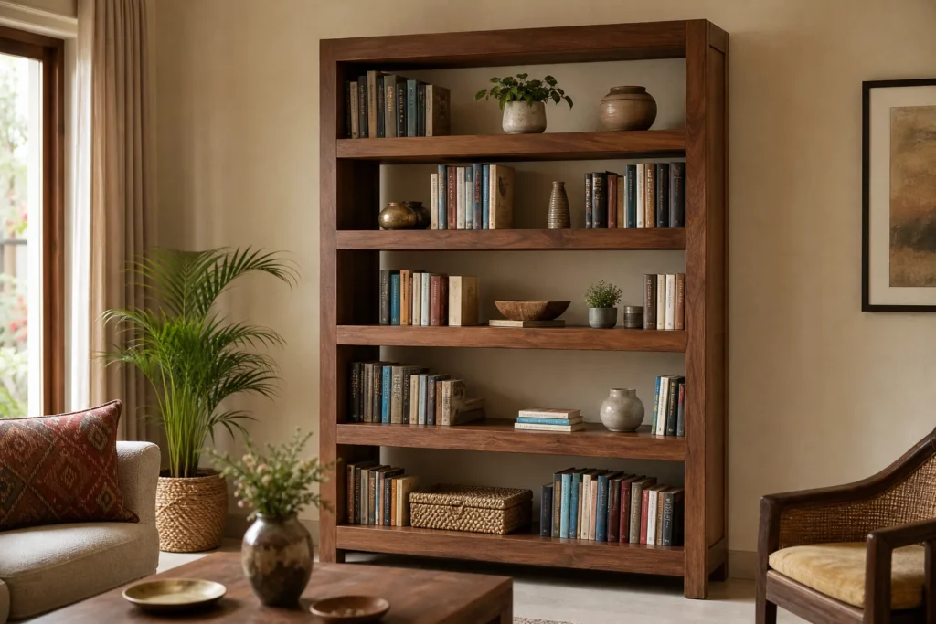 Solid teak wooden bookshelf in a warm living room setting. photorealistic, a handsome solid teak wood bookshelf with open shelving, filled with books and decor objects, standing against a warm beige wall in a well-lit Indian living room