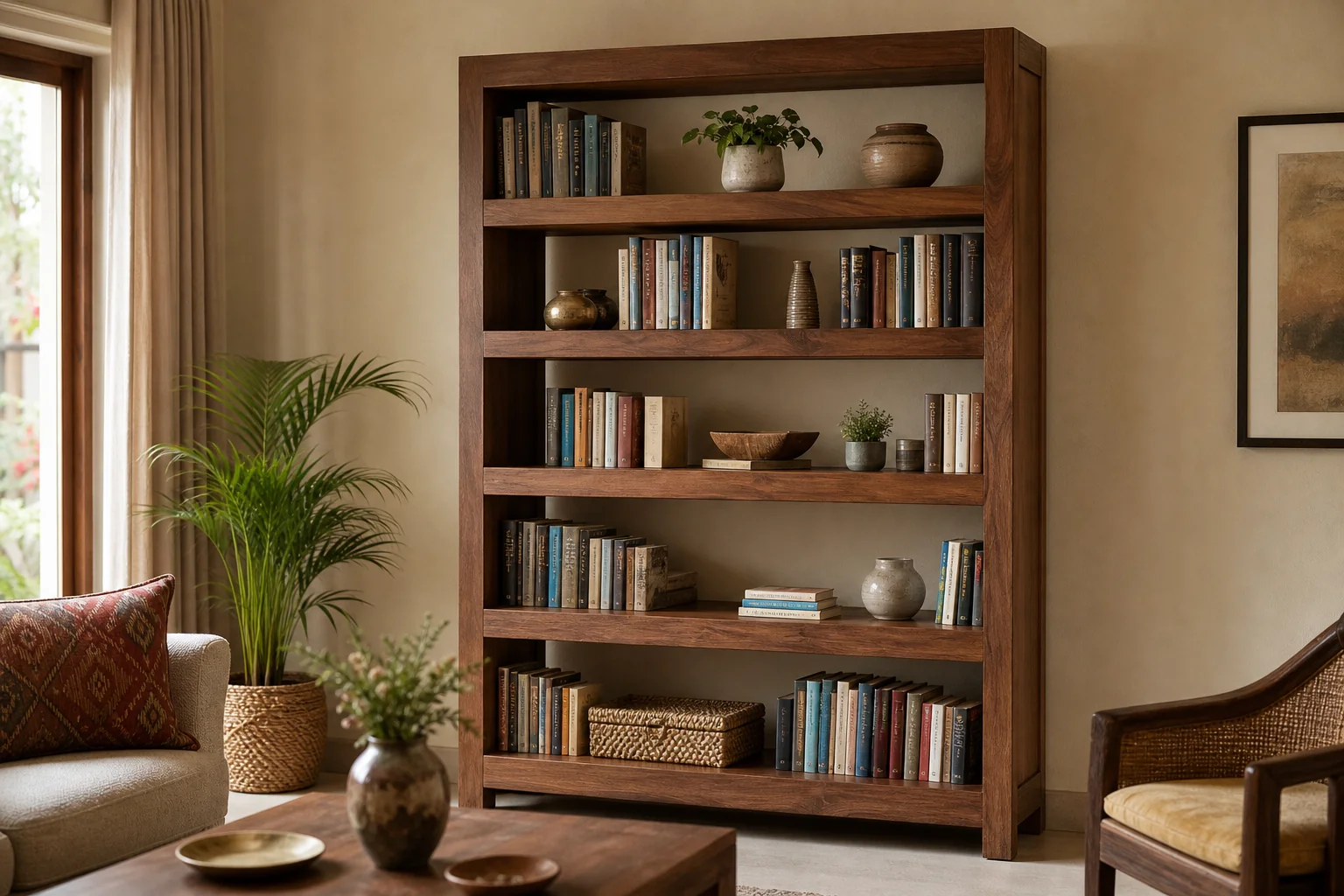 How to Choose the Right Wooden Bookshelf for Your Home 1 Solid teak wooden bookshelf in a warm living room setting. photorealistic, a handsome solid teak wood bookshelf with open shelving, filled with books and decor objects, standing against a warm beige wall in a well-lit Indian living room