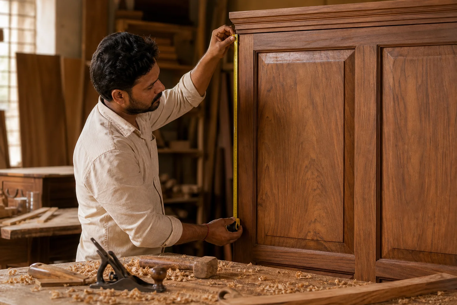 Carpenter measuring teak wardrobe panels with a tape measure in a workshop. photorealistic: A skilled Indian carpenter in a warm-lit wood workshop measuring a solid teak wardrobe panel with a tape measure, rich brown teak wood grain