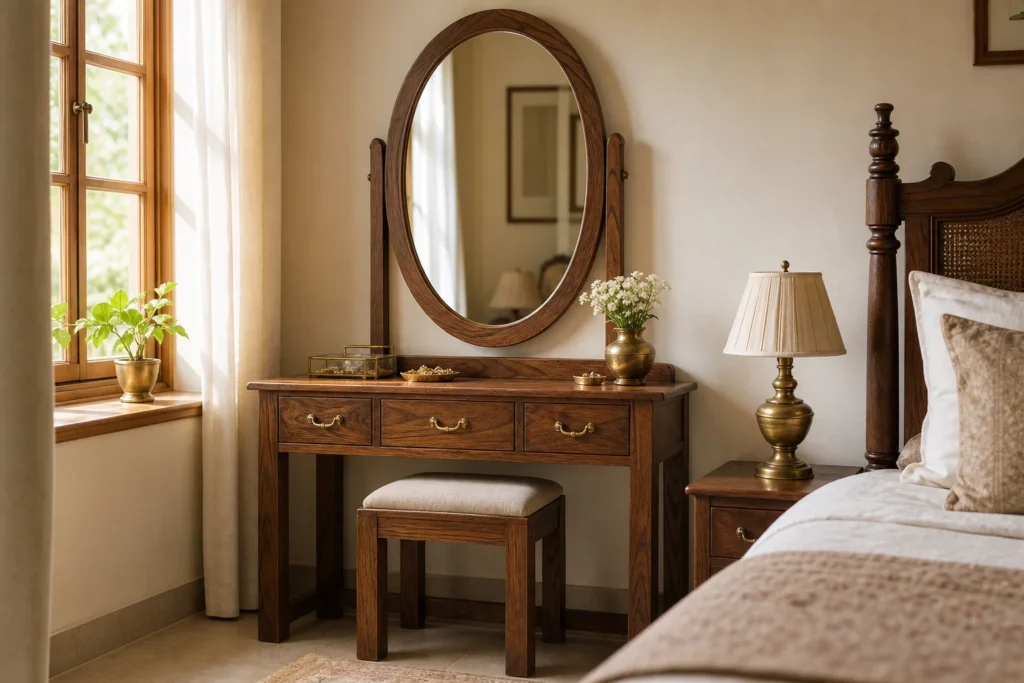Solid teak dressing table with oval mirror in a well-lit Hyderabad bedroom. photorealistic: A solid teak wood dressing table with an oval mirror positioned near a sunlit window in a warm, elegantly furnished Indian bedroom. The table shows