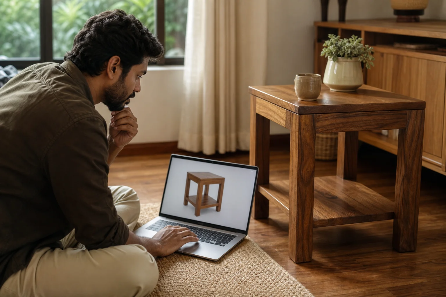A person browsing a furniture website on a laptop with a wooden furniture piece nearby, evoking trust and inspection before purchase. photorealistic: A warm, softly lit home interior in India, a person sitting on a rug closely examining a