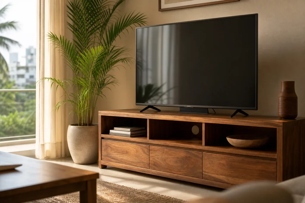 A solid teak TV unit in a bright Chennai-style living room showing warm wood tones against a humid tropical backdrop. photorealistic: A warm, sunlit living room in a modern Chennai apartment featuring a solid teak wood TV console unit with