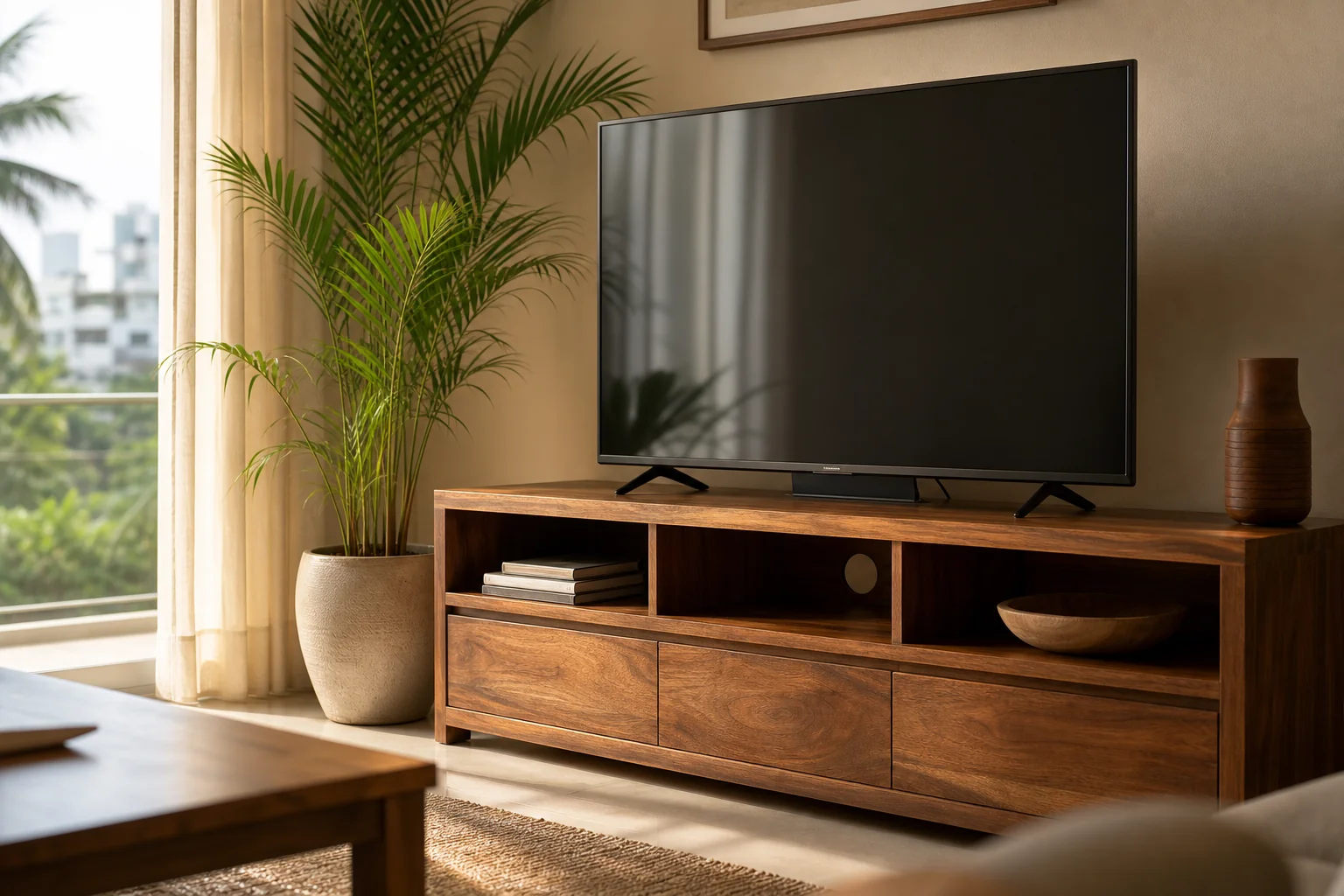 A solid teak TV unit in a bright Chennai-style living room showing warm wood tones against a humid tropical backdrop. photorealistic: A warm, sunlit living room in a modern Chennai apartment featuring a solid teak wood TV console unit with