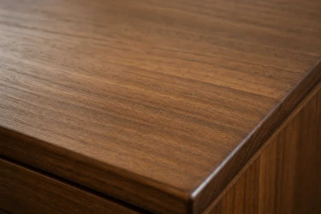Close-up of solid teak wood grain showing natural oil sheen and dense texture. photorealistic close-up macro shot of solid teak wood furniture surface, showing rich brown grain with natural oil sheen, warm tones of #765139 and #8b7050, soft