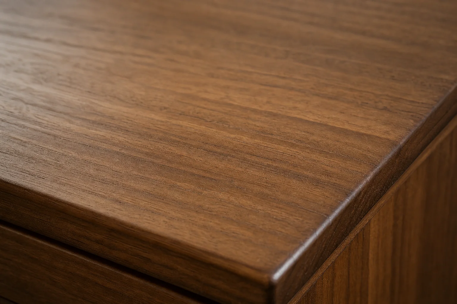 Is Teak Wood Furniture Really Termite Proof? 1 Close-up of solid teak wood grain showing natural oil sheen and dense texture. photorealistic close-up macro shot of solid teak wood furniture surface, showing rich brown grain with natural oil sheen, warm tones of #765139 and #8b7050, soft