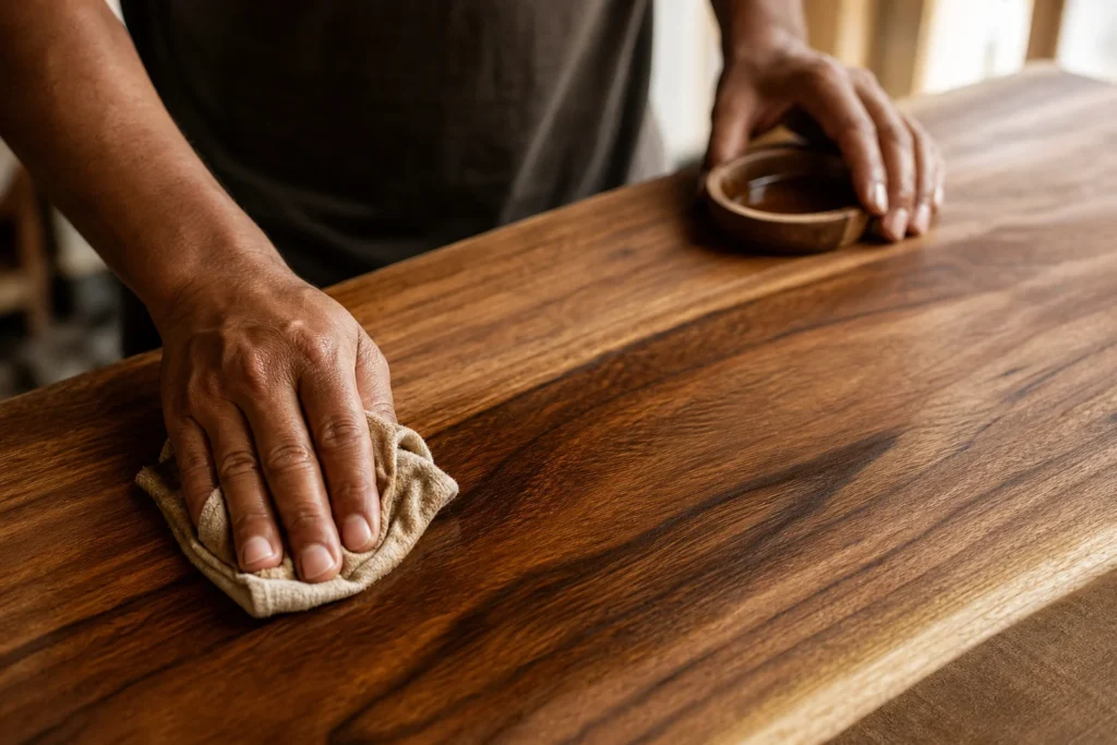 Close-up of hands applying wood oil/polish to a solid teak wood furniture surface. Photorealistic close-up photograph of hands applying natural oil finish with a soft cloth onto a solid teak wood tabletop, rich brown wood grain glowing