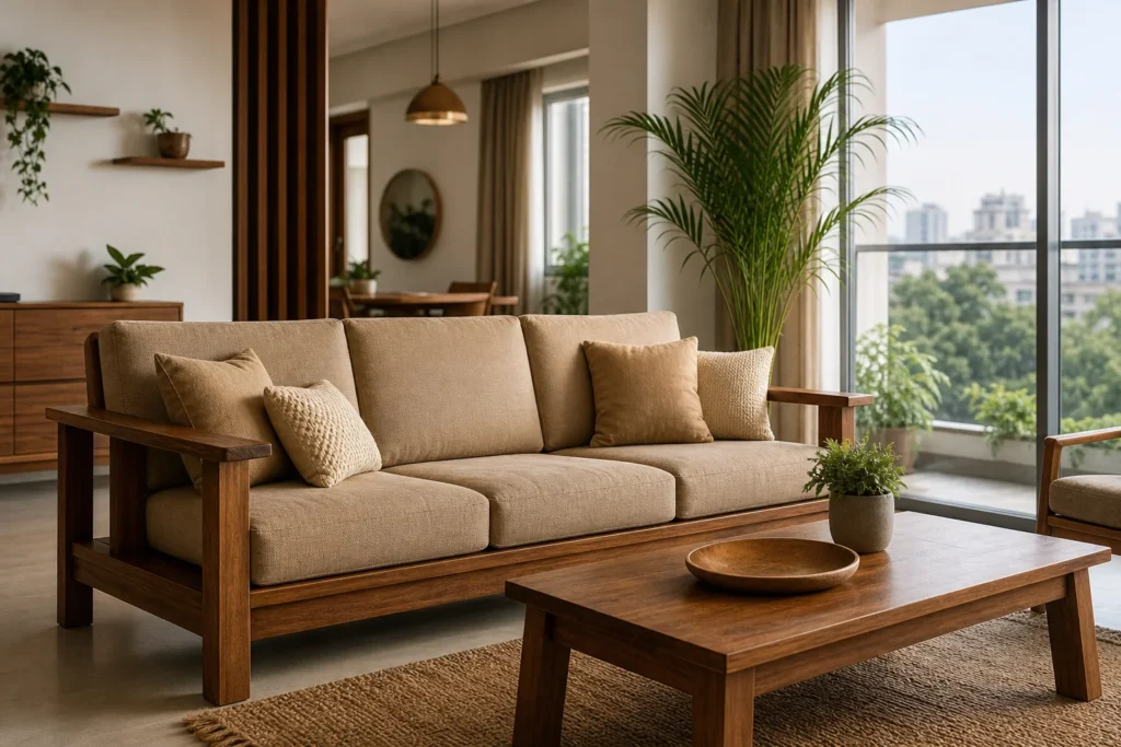 A modern Pune apartment living room featuring solid teak wood furniture pieces. Photorealistic interior photograph of a modern Pune apartment living room, showcasing a solid teak wood sofa and coffee table with warm brown tones (#765139