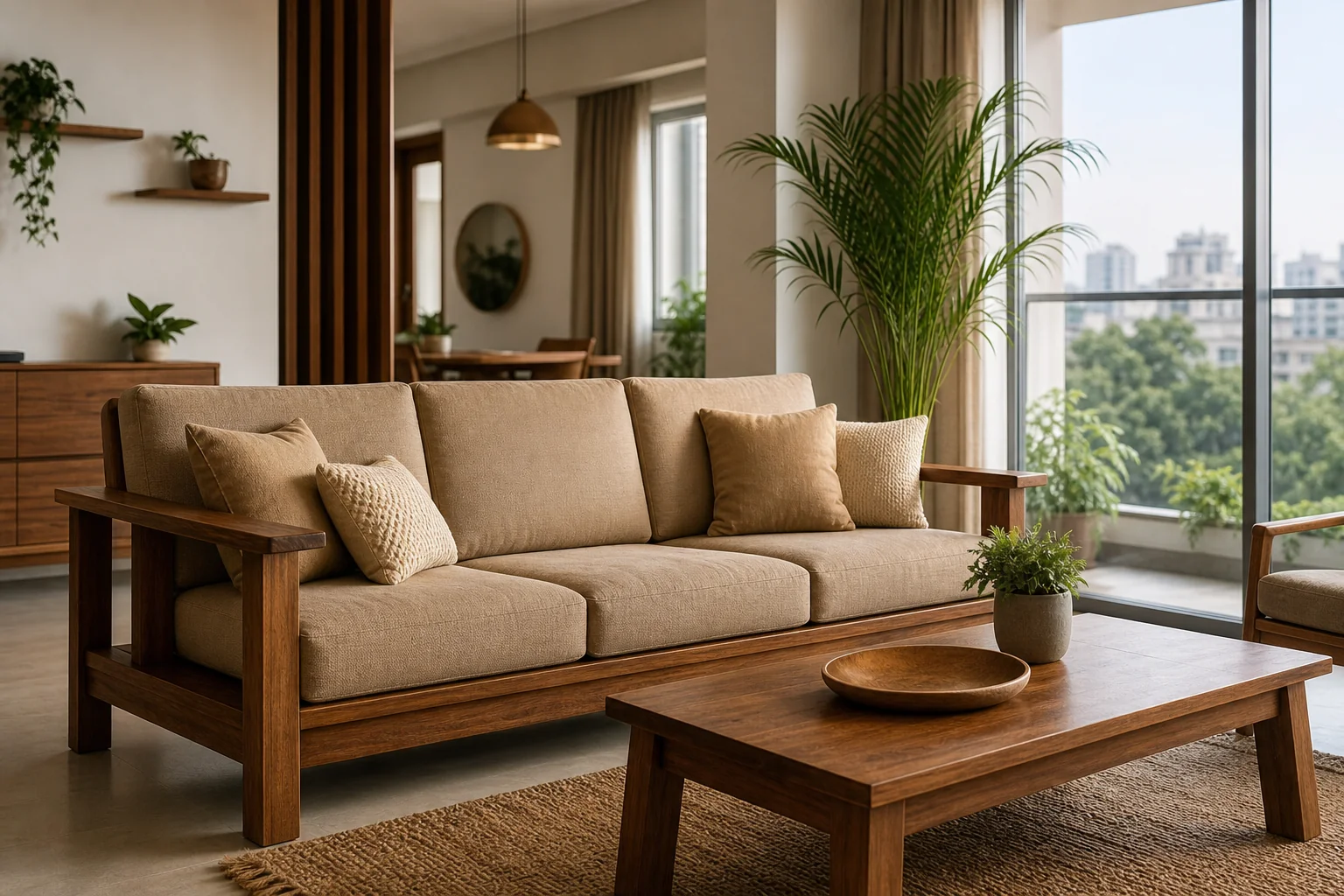 A modern Pune apartment living room featuring solid teak wood furniture pieces. Photorealistic interior photograph of a modern Pune apartment living room, showcasing a solid teak wood sofa and coffee table with warm brown tones (#765139