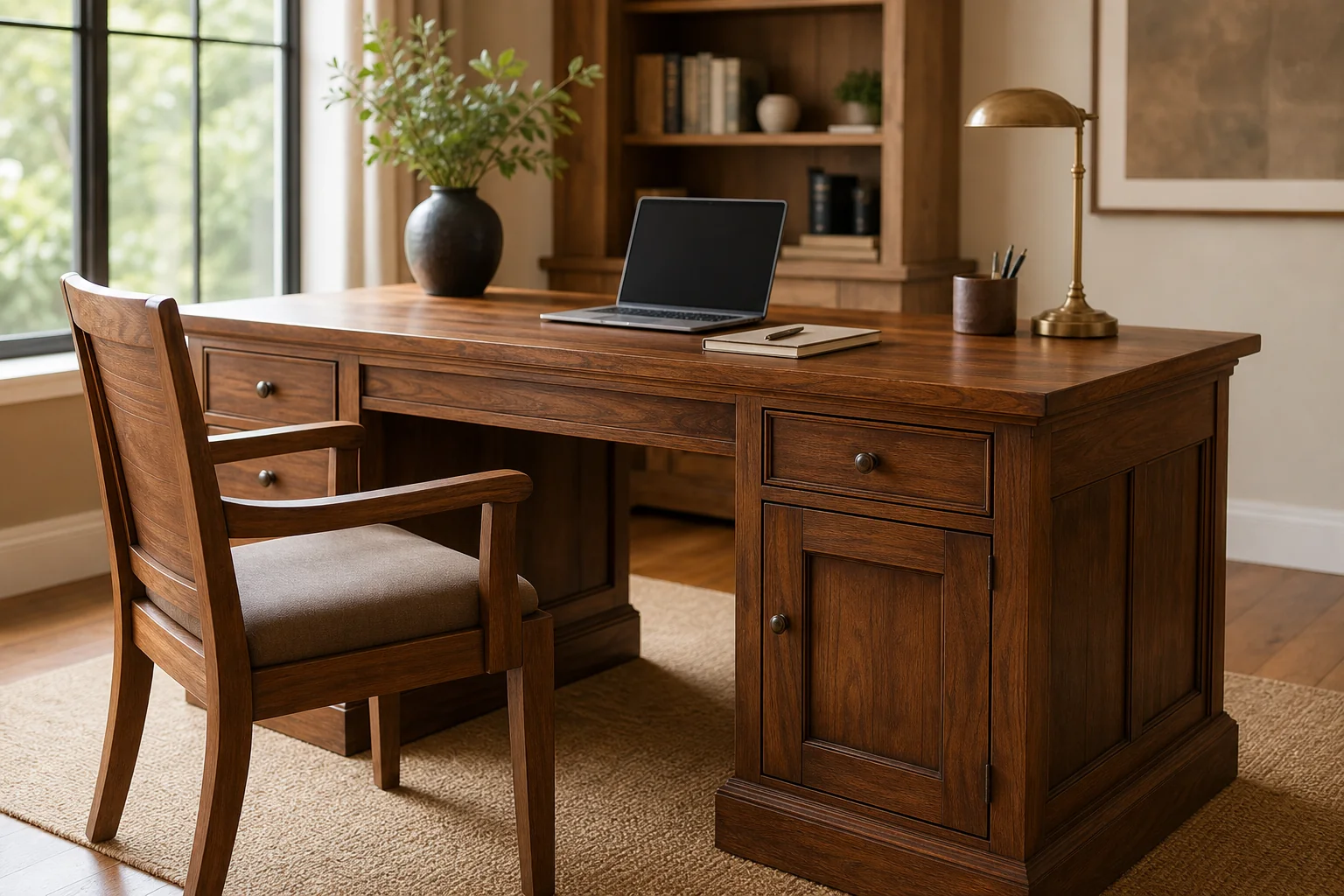 Executive teak office desk and matching chair set styled in a modern Indore home office. Photorealistic photo of a rich brown solid teak wood executive office desk paired with a matching wooden armchair, set in a sunlit modern home office