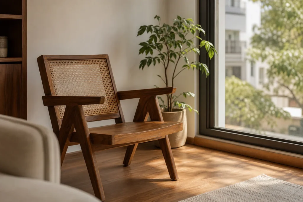 A solid teak wood accent chair placed in a small, sunlit Bengaluru apartment living corner. photorealistic photo of a solid teak wood accent chair with warm brown tones (#765139, #8b7050) placed beside a large window in a compact, sunlit