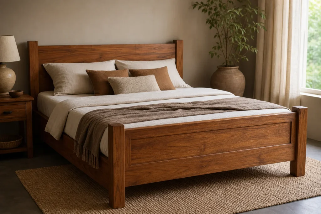 Handcrafted solid teak bed in a warm bedroom setting showing quality craftsmanship. Photorealistic photo of a solid teak wood bed frame with a warm honey-brown finish in a softly lit bedroom, minimalist styling, visible wood grain and