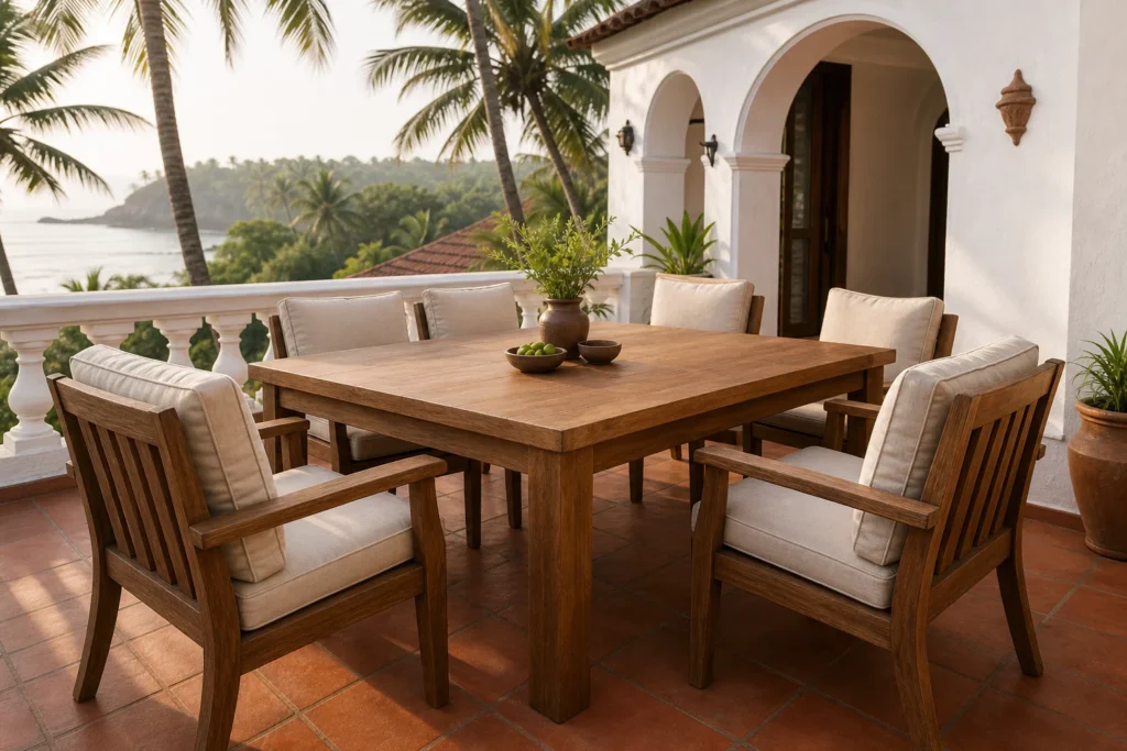 A teak outdoor furniture set on a Goan villa patio near the coast. Photorealistic photo of a solid teak wood outdoor dining set with cushioned chairs on a sunlit patio of a Goan-style villa, whitewashed Portuguese-inspired walls, palm trees