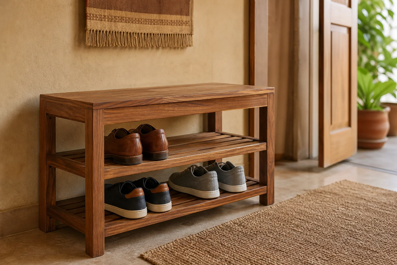 How to Choose the Right Wooden Shoe Rack for Entryways 1 A well-organized teak wood shoe rack in a bright Indian home entryway. photorealistic photo of a solid teak wood shoe rack with open slatted shelves placed against a warm-toned entryway wall in an Indian home, a pair of leather shoes and