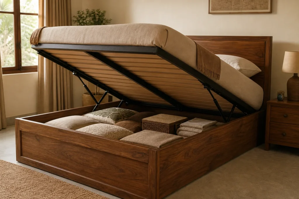 Hero shot of a solid teak storage bed with hydraulic lift open showing storage space, in a bedroom setting. photorealistic photo of a solid teak wood storage bed with the hydraulic lift-up base raised, revealing spacious storage compartment