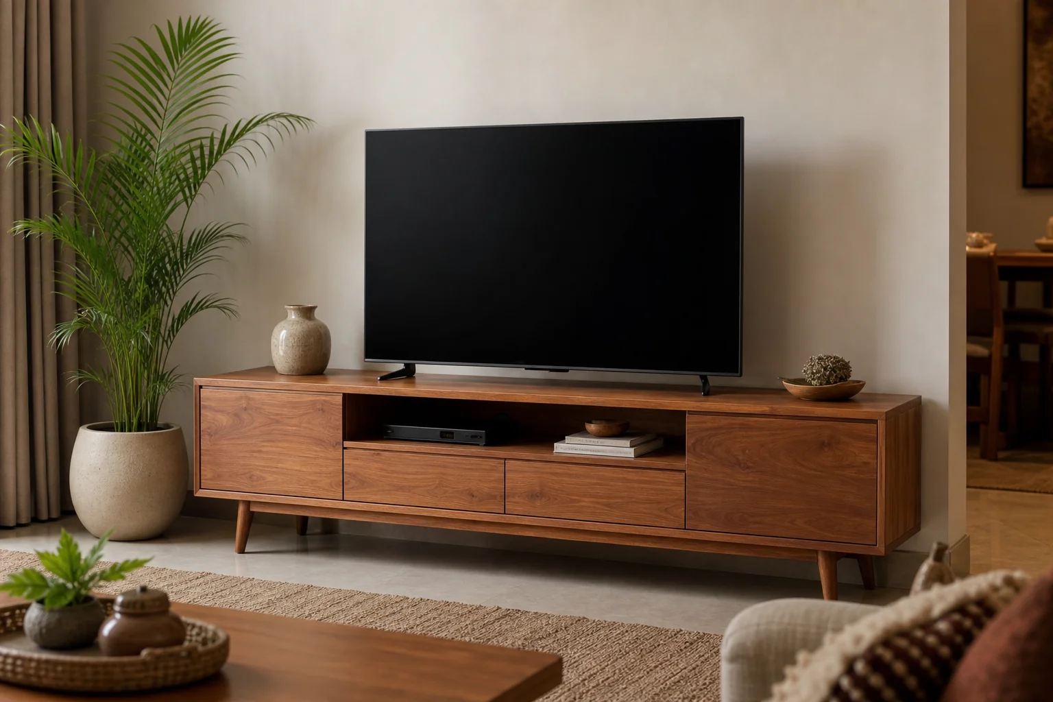 Teak Living Room Furniture in Bengaluru: 2026 Buying Guide 1 A solid teak TV console unit styled in a modern Bengaluru living room. Photorealistic photo of a solid teak wood TV console table with sleek tapered legs and storage drawers, warm honey-brown wood tones matching palette #765139 and #8b7050