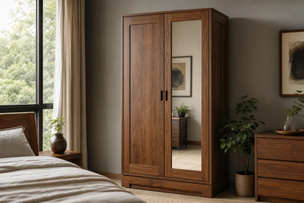A finished solid teak wardrobe with a full-length mirror door in a warm-toned bedroom. photorealistic photo of a solid teak wood wardrobe with a full-length mirror panel on one door, standing in a warm, softly lit bedroom, rich brown wood