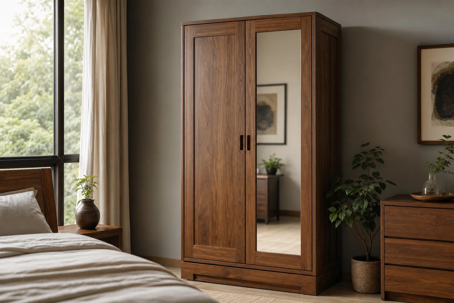 Teak Wardrobe with Mirror: What Drives the Price? 1 A finished solid teak wardrobe with a full-length mirror door in a warm-toned bedroom. photorealistic photo of a solid teak wood wardrobe with a full-length mirror panel on one door, standing in a warm, softly lit bedroom, rich brown wood