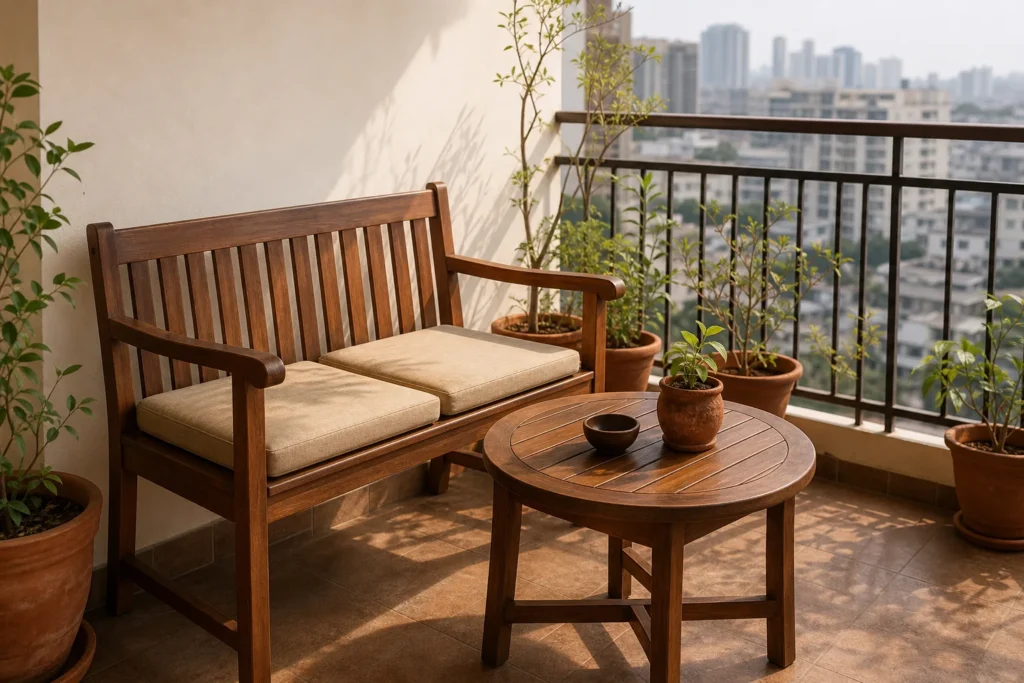 A sunlit Hyderabad balcony with teak outdoor furniture under bright dry heat. photorealistic photo of a warm, sunlit balcony in a Hyderabad high-rise apartment, featuring a solid teak wood two-seater outdoor bench and small round table with