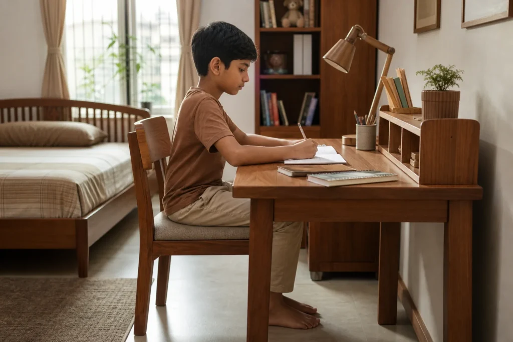 A child sitting at a wooden study desk with correct posture. photorealistic photo of a young Indian child sitting upright at a warm teak wood study desk in a bright, tidy bedroom, correct ergonomic posture with feet flat and forearms level