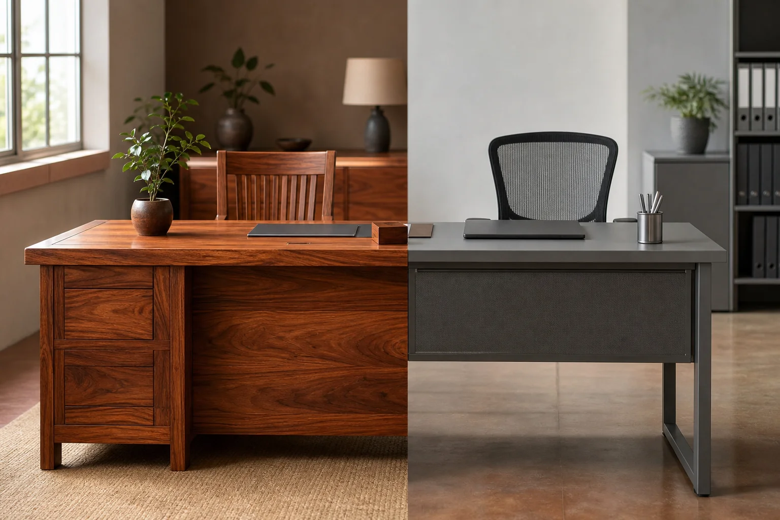 Teak Wood vs Metal Furniture: Best for Bhopal Offices? 1 Split-composition photo showing a solid teak executive desk on one side and a metal office desk on the other in a Bhopal-style office. Photorealistic split-scene photograph of a modern office interior: on the left, a rich brown solid teak