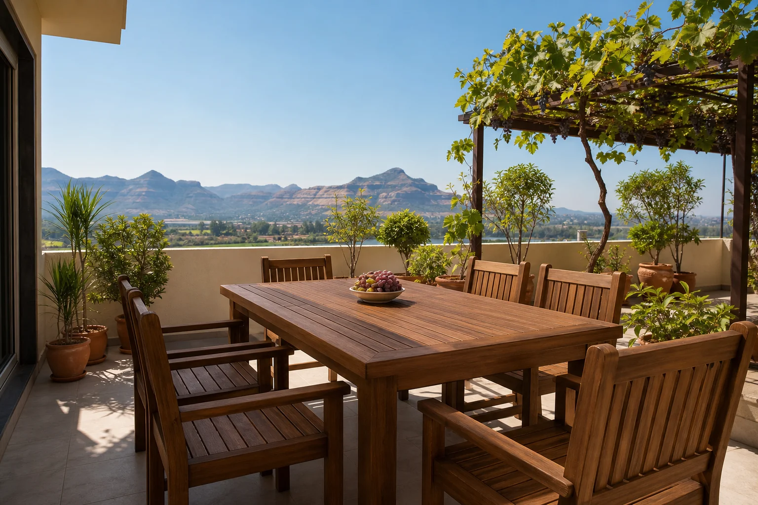 A sunlit Nashik terrace with teak outdoor furniture set against plants. photorealistic wide-angle photo of a sunny rooftop terrace in Nashik, India, featuring a solid teak wood outdoor dining set with warm brown tones (#765139, #8b7050)